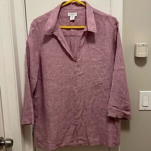 Antibes Blanc Heathered Pink Linen Collared 3/4 Sleeve Tunic Shirt Top L